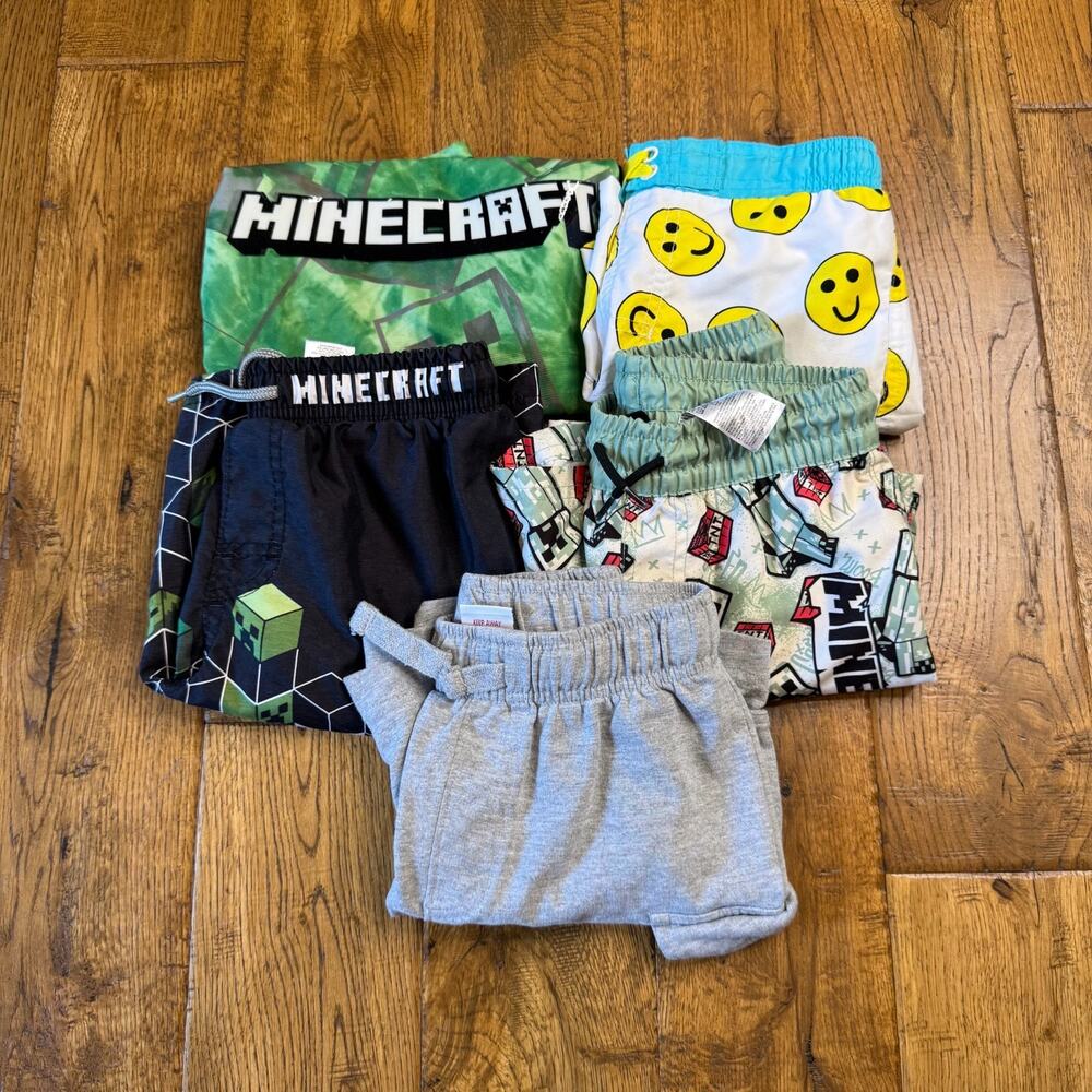 Lot of 5 Boys Summer Clothing Sz 5/6 Swim Trunks Rashguard and Shorts Minecraft